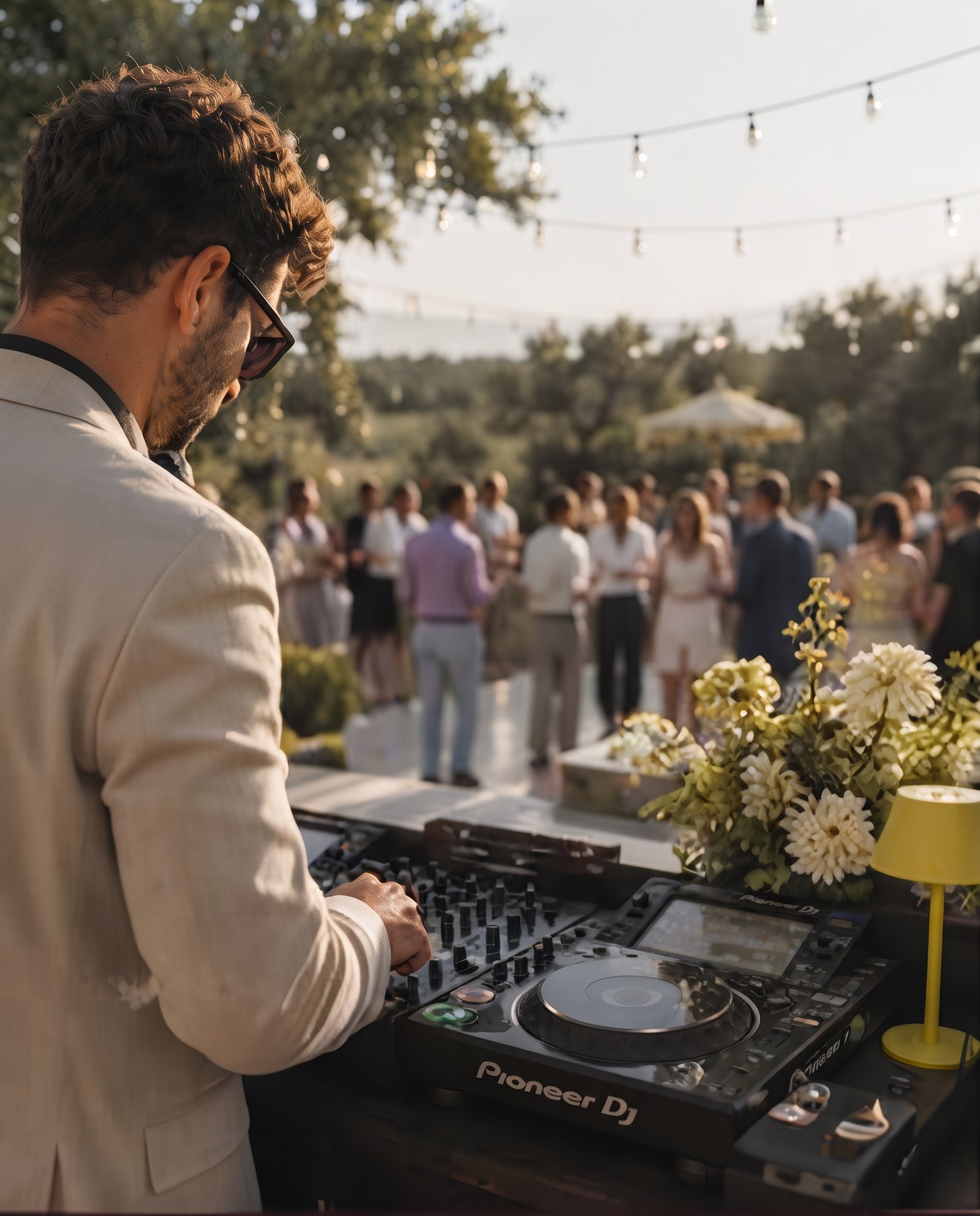 DJ mezclando música al atardecer frente a los invitados